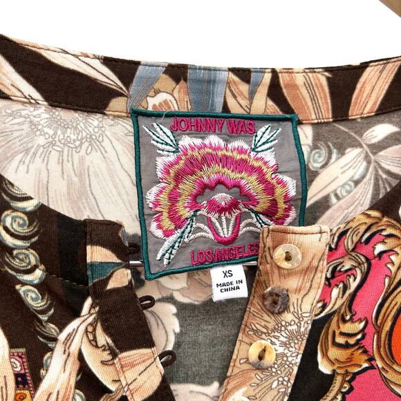 Johnny Was The Janie Favorite Button Down Henley Blouse Brown Floral XS - Picture 4 of 8